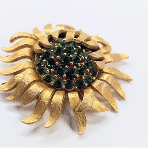Vtg Crown Trifari Green Sunflower Rhinestone Brooch